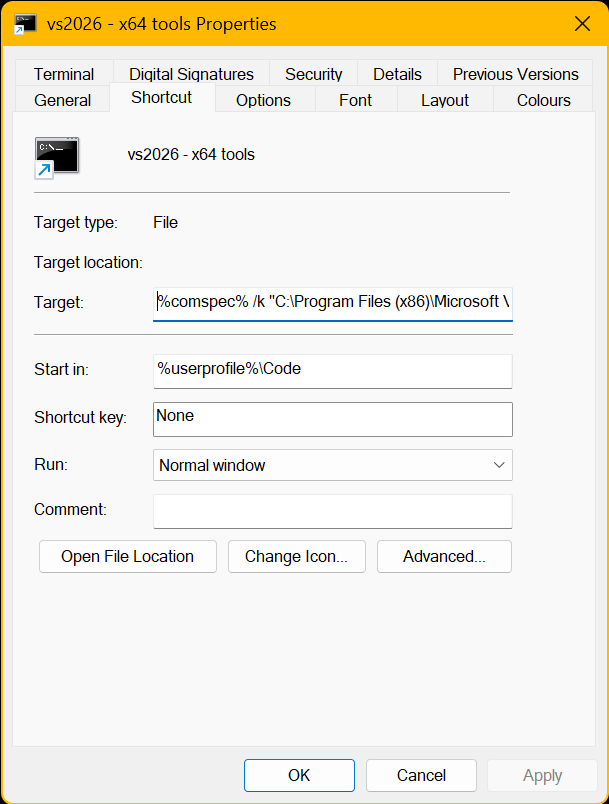 the shortcut properties for running a shell with vcvars64.bat
